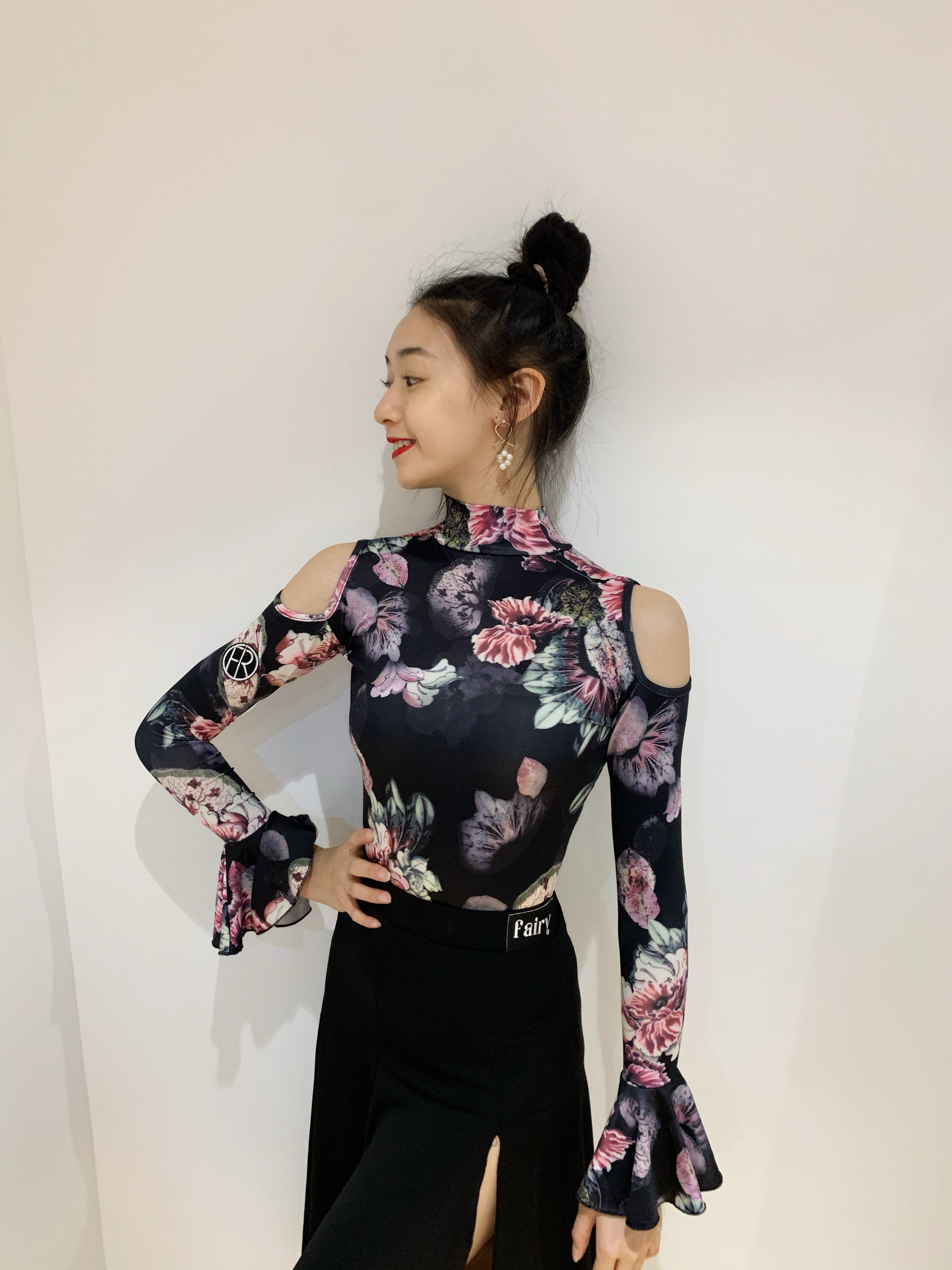 fairy拉丁舞服小高领长袖连体衣花色荷叶袖拉丁摩登日常-cr029