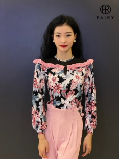 Fairy舞服摩登舞上衣粉色花花显瘦网纱拼接花团锦簇