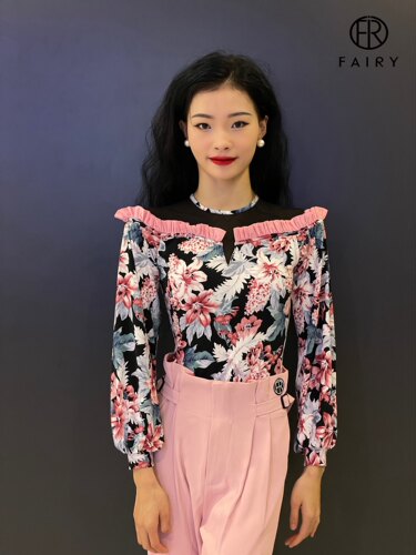 Fairy舞服摩登舞上衣粉色花花显瘦网纱拼接花团锦簇