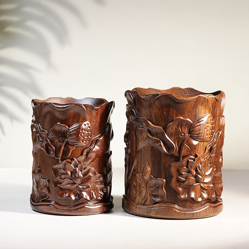 黑檀木雕荷花笔筒桌面摆件实木雕刻笔筒办公室桌面摆饰工艺小件