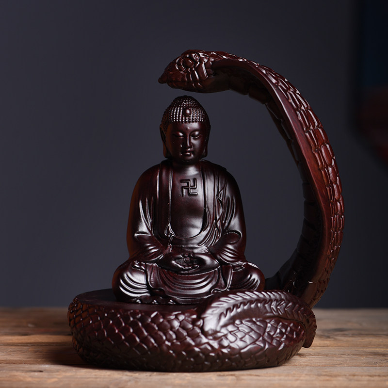 玄同 黑檀禅心佛与蛇木雕大小摆件家居书房桌面装饰红木工艺品