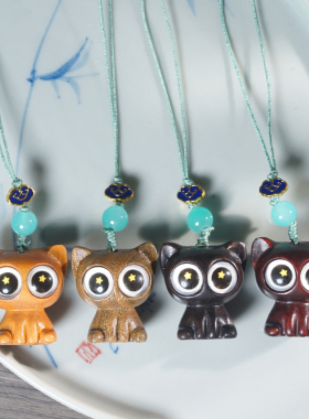 檀木可爱喵星人挂饰猫咪挂件星眸猫吊坠钥匙扣背包大眼猫把件工艺
