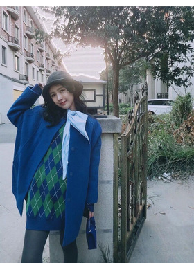 3折清仓 Mobius K 复古宝蓝色可爱茧型双面手工羊毛大衣