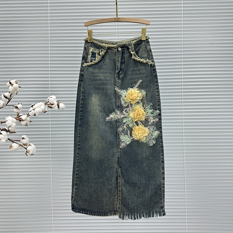网纱绣花牛仔裙半身裙女2024年春夏新款高腰修身毛边开叉A字长裙,女装/女士精品,半身裙,淘宝优惠券,粉丝福利购,淘宝优惠卷