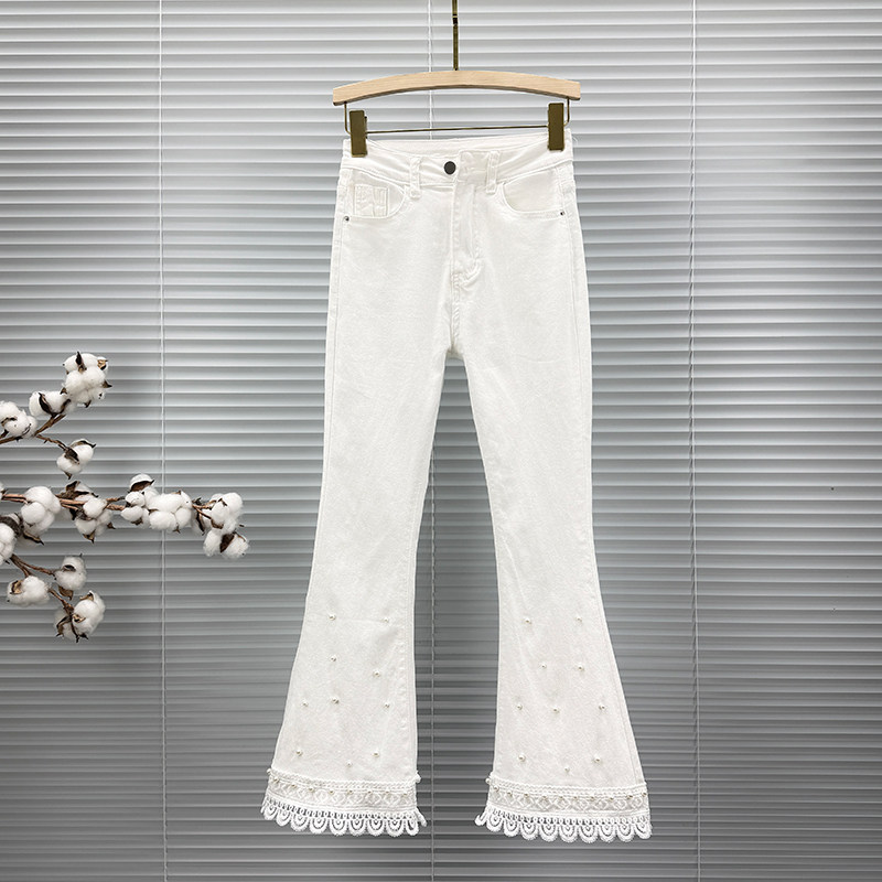 时尚拼接白色牛仔九分裤女2026年夏季新款高腰紧身百搭钉珠微喇裤