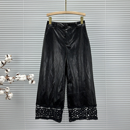 新款蕾丝拼接阔腿裤女八分裤潮2025年秋冬高腰宽松百搭时尚PU皮裤