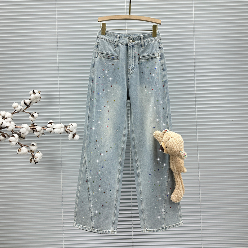 彩色烫钻牛仔裤女2025年新款秋装高腰百搭装饰熊欧货镶钻阔腿长裤