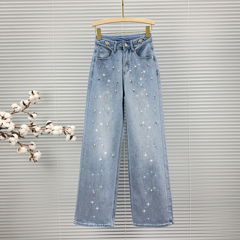 ins烫钻牛仔长裤女潮2026年新款春装高腰显瘦百搭时尚镶钻阔腿裤