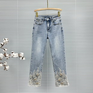 重工网纱亮片镶钻牛仔裤女2026年新款春秋高腰显瘦百搭直筒九分裤