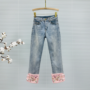 刺绣亮片抓绒牛仔裤女2025年秋冬新款高腰弹力百搭钉珠直筒九分裤