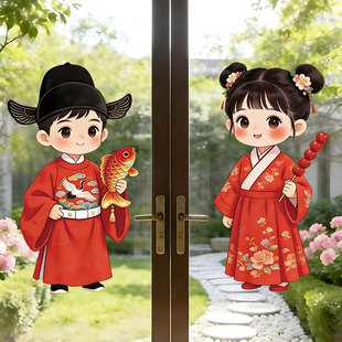 2026新款汉服年画娃娃金童玉女门贴新年装饰农村老式春节自粘明朝