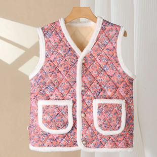 中老年碎花马甲女秋冬加绒加厚保暖坎肩背心妈妈时尚 百搭马夹上衣
