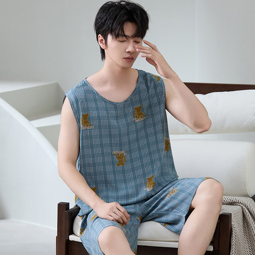 夏季男士棉绸睡衣套装绵绸家居服