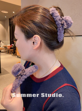 温柔紫色毛绒绒抓夹~高级感大号盘发蝴蝶结鲨鱼夹发量多发夹头饰