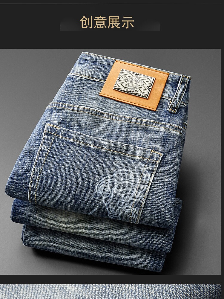 HIGH-END LIGHT LUXURY EUROPEAN FASHION BRAND MENS BLUE JEANS SLIM FIT EUROPEAN STATION HIGH-END MENS STRETCH STRAIGHT-LEG TROUSERS