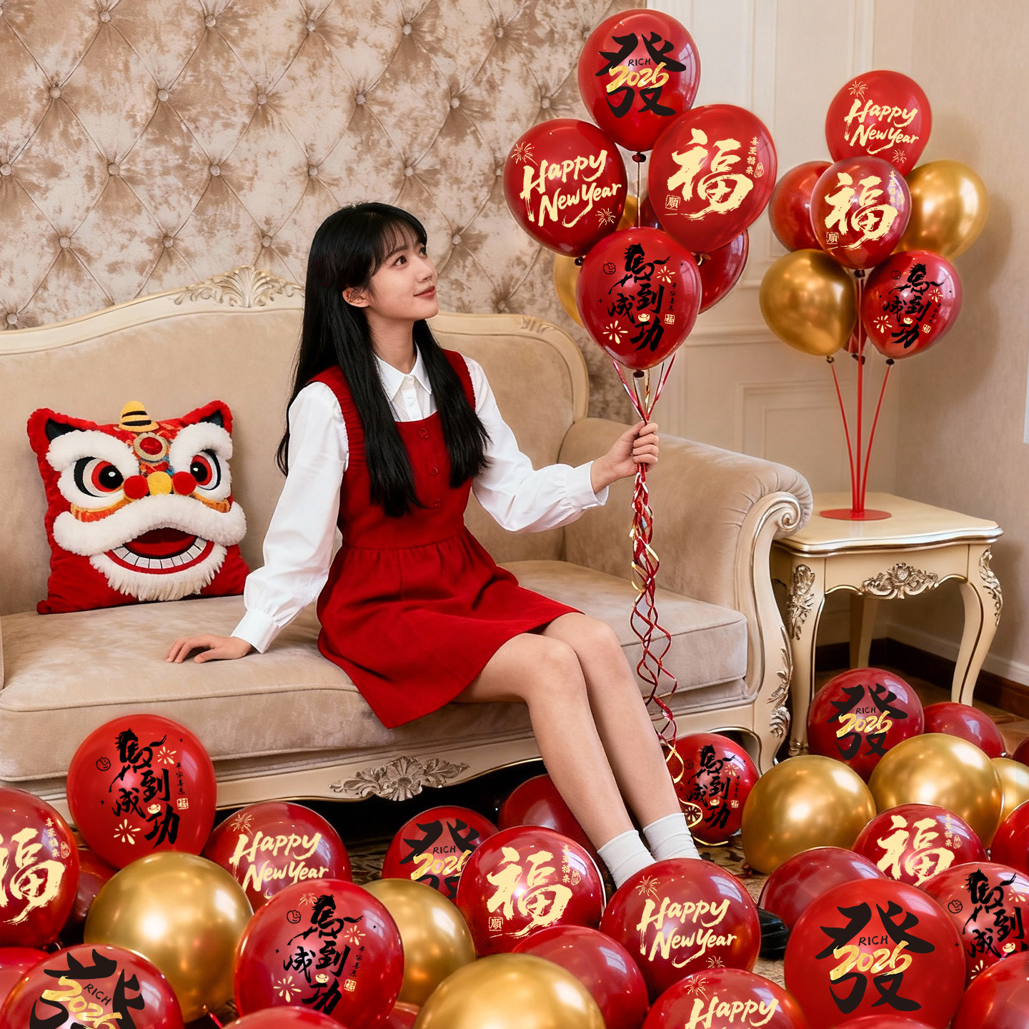 新年拍照道具红色气球桌飘装饰家里客厅春节喜庆立柱地飘氛围布置,节庆用品/礼品,节日装扮用品,淘宝优惠券,粉丝福利购,淘宝优惠卷