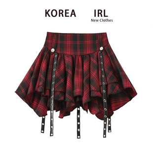 千禧辣妹红色格子蓬蓬蛋糕裙女夏季新款不规则百褶半身裙a字短裙
