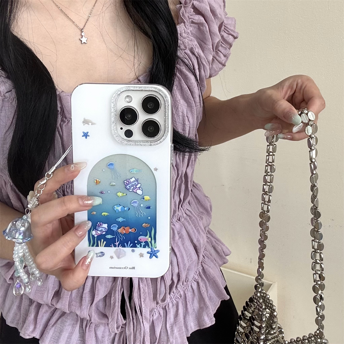 加尔 夏日海底世界可爱潜水Kitty猫带链条适用苹果16promax手机壳iphone15新款13女款14pro防摔16硅胶保护套