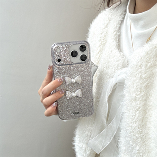 加尔 高级感银色玻璃纹立体珍珠蝴蝶结适用苹果17ProMax手机壳iphone15新款16pro女款13创意14pro防摔保护套