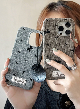 加尔 韩系ins风绒布蝴蝶结皮质吊牌挂片适用苹果17PproMax手机壳iphone15新款16pro女款14pro防摔13Pro保护套