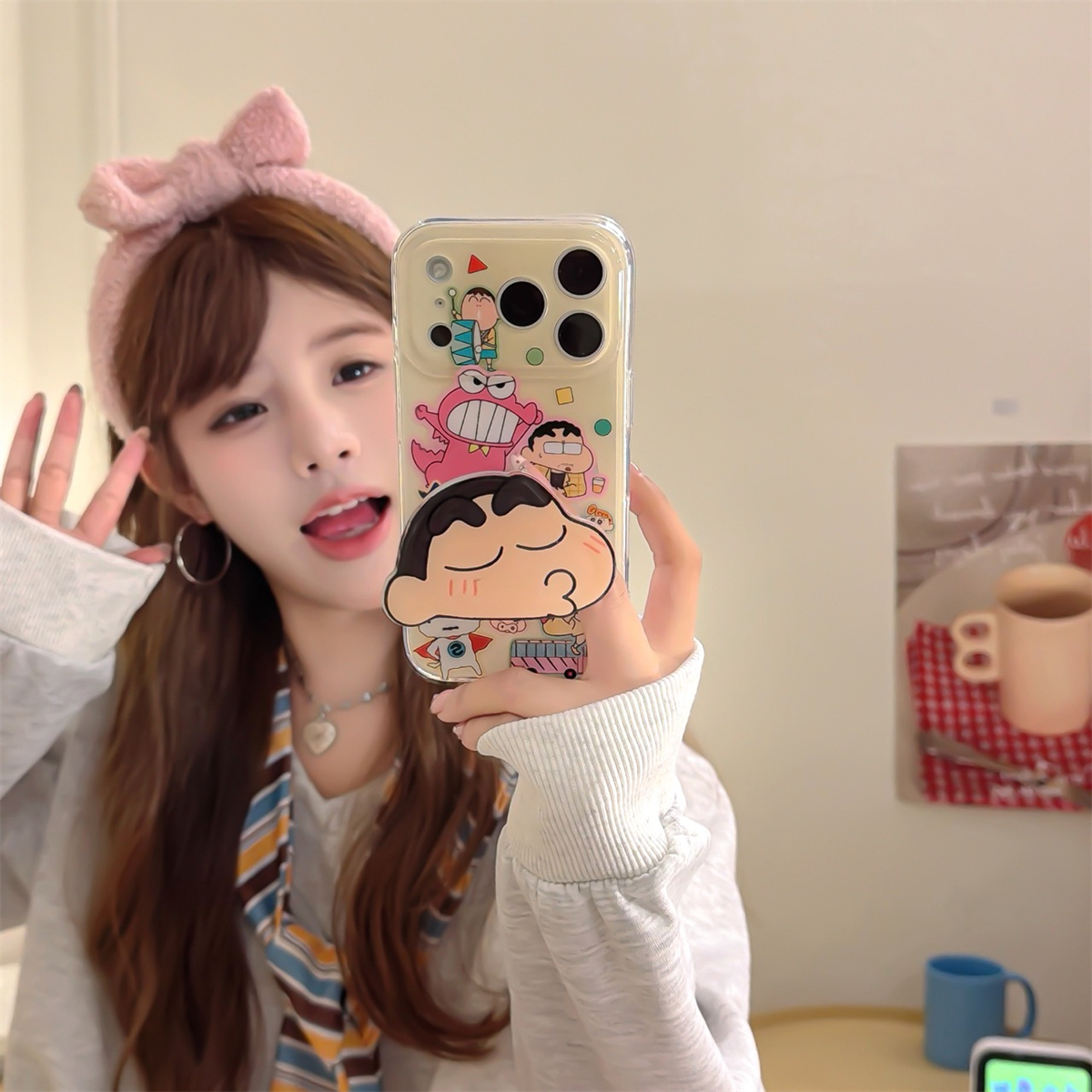 加尔 日系动漫可爱恐龙嘟嘴小新支架适用苹果17ProMax手机壳iphone15新款16pro女款13硅胶14pro防摔17保护套