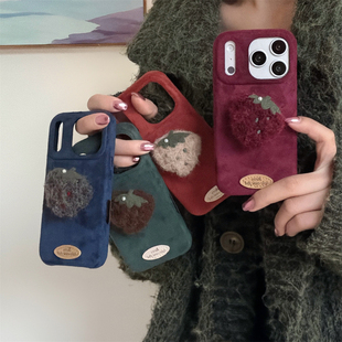 13创意14pro防摔17保护套 16pro女款 加尔 秋冬简约绒布立体珍珠毛绒草莓适用苹果17ProMax手机壳iphone15新款