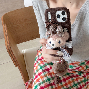 加尔 日韩可爱毛绒蕾丝蝴蝶结雪莉玫绒布壳适用苹果17ProMax手机壳iphone15新款16pro秋冬14pro防摔13保护套