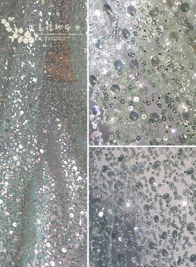 艾绿色渐变钉珠珠片刺绣蕾丝G34星光闪闪公主裙婚纱鱼尾礼服面料