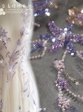 前胸装饰组花z105紫色重工钉珠花朵刺绣多用蕾丝辅料礼服彩色面料