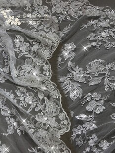 重工网纱刺绣蕾丝面料E14手工珠绣白钉珠亮片婚纱礼服定制面料