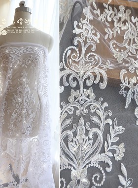 台岛热卖北欧风鱼鳞亮片刺绣蕾丝布料z50白色婚纱礼服衣裙DIY辅料