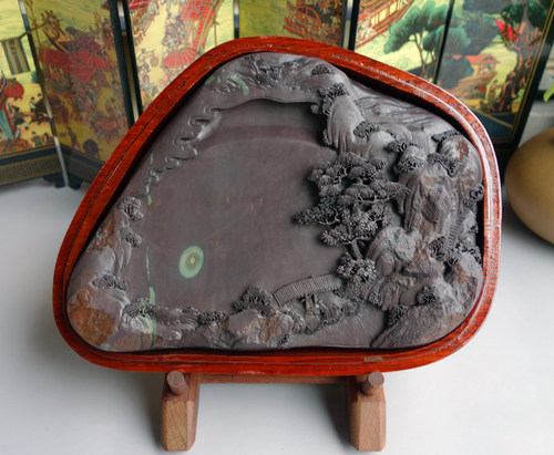 手工雕端砚台 老水麻子坑“旭日东升”端砚台 20cmx15cmx3cm