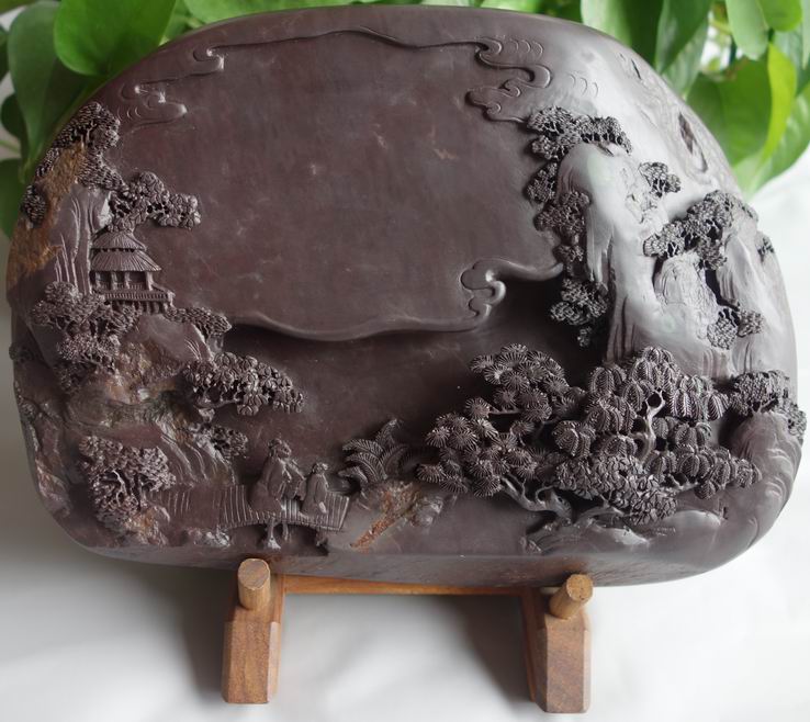 手工孤品端砚台文房四宝 老水麻子坑溪山行旅砚22.5cmx16cmx5.5cm