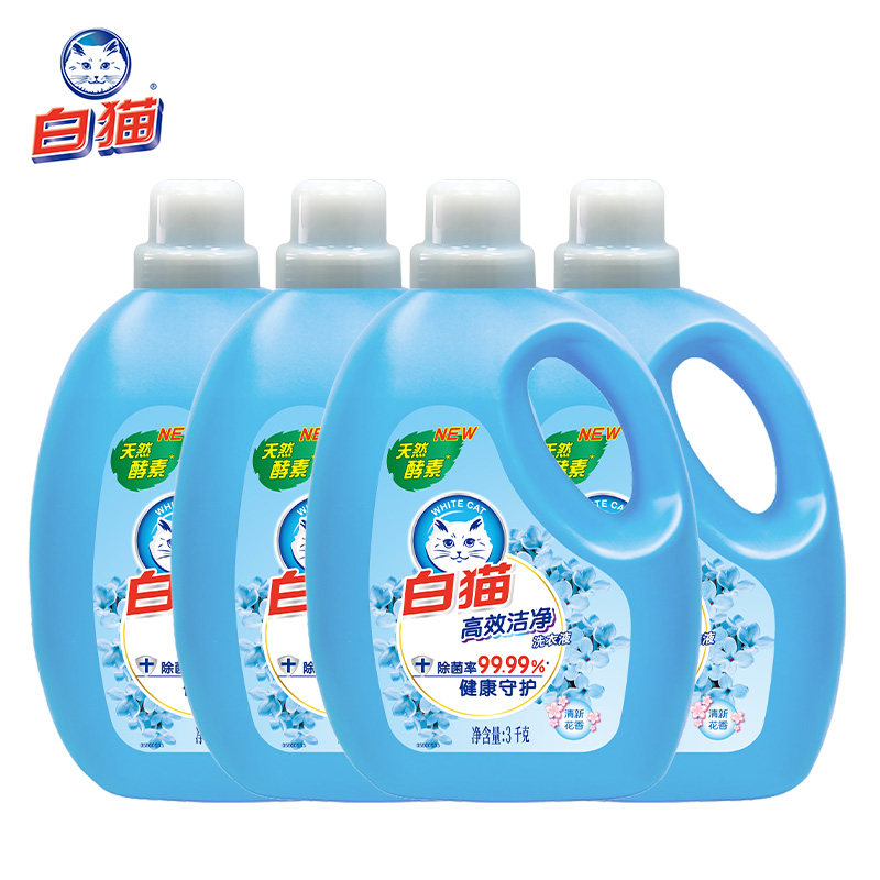 白猫高效洁净洗衣液3kg瓶装家用易漂洗手洗机洗除菌洁净去渍