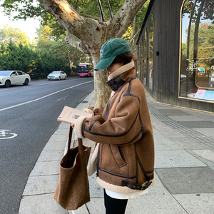 皮毛一体外套女羊羔毛2023冬季鹿皮绒机车服美拉德羊羔绒棉服夹克