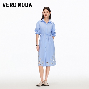 Vero Moda连衣裙2025冬新款条纹镂空绣花单排扣中长衬衫裙休闲