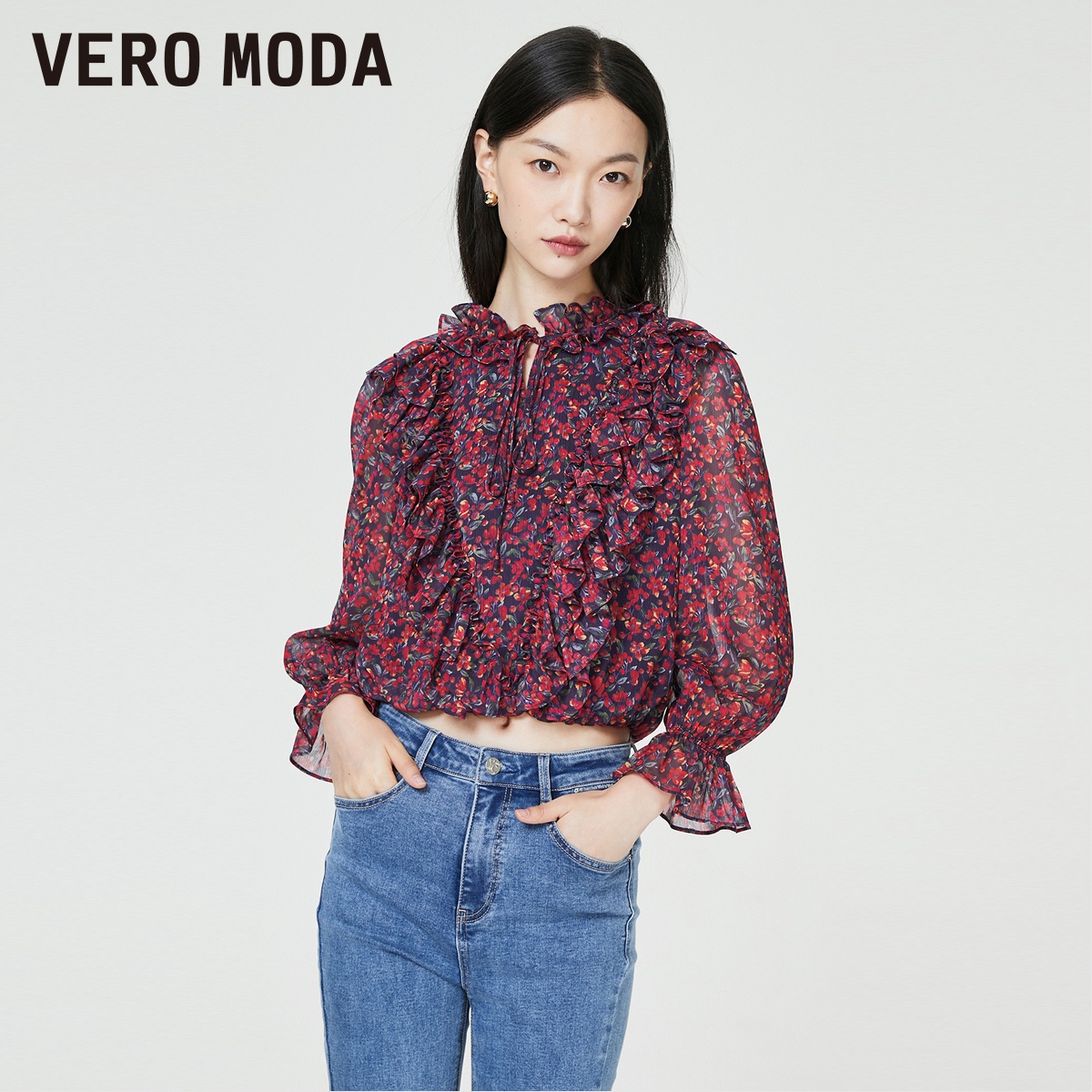 [新]Vero Moda连衣裙上衣2023春季新款甜美复古碎花七分袖女