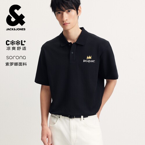杰克琼斯BSQ联名男老钱风polo衫夏新款植绒印花舒适凉感翻领短袖