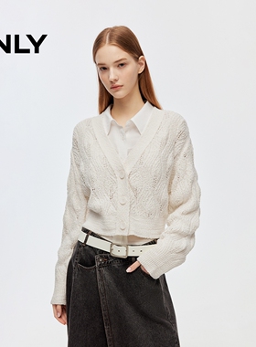 ONLY2025冬新款V领落肩短款纯色长袖开衫针织衫女|12543B006