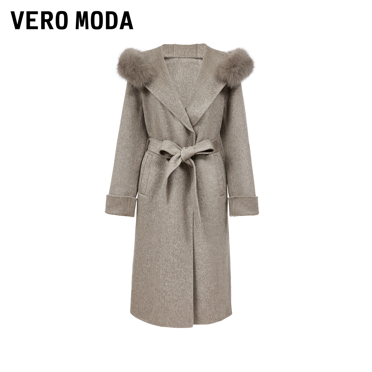 Vero Moda毛呢大衣2025冬季新款纯绵羊毛腰带毛领双面呢32544S024