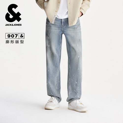 杰克琼斯男装秋季新款纯棉舒适复古高街泼墨休闲阔腿裤牛仔裤