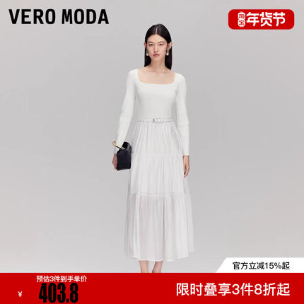 Vero Moda连衣裙2025冬新款收腰拼接A字裙摆腰带捏褶中长裙百搭