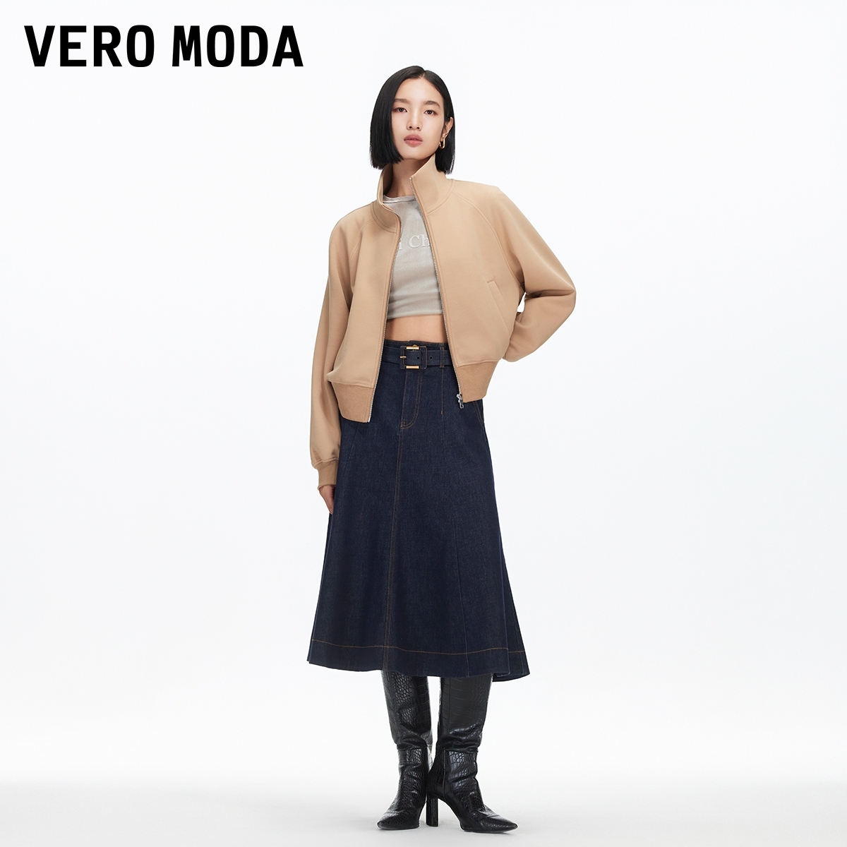 Vero Moda半身裙女2025秋季新款含棉纯色腰带A字牛仔裙休闲时尚