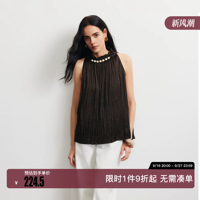 绫致Vero Moda衬衫女2026夏季新款珠饰风琴褶后颈系绳无袖上衣