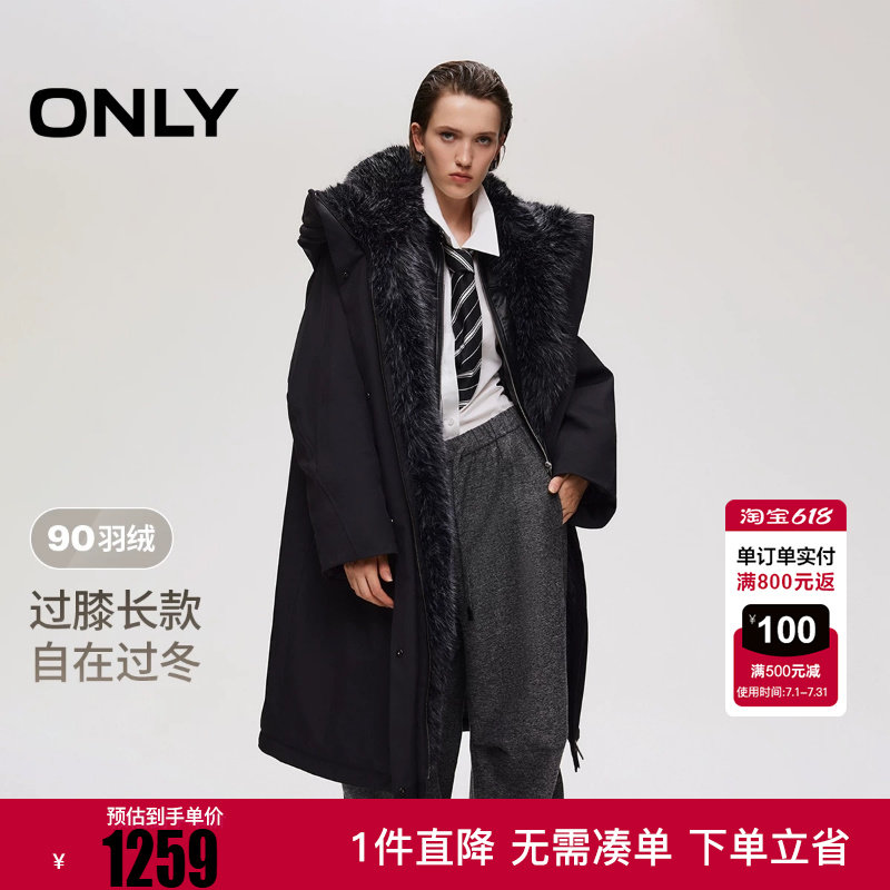 ONLY2025冬季新款90白鸭绒保暖中长款连帽毛领羽绒服女|125412027