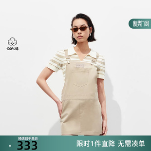 工装 针织套装 直筒背带连衣裙女 纯棉条纹短袖 绫致ONLY2025冬新款
