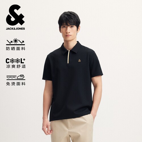 杰克琼斯男老钱风polo衫夏新商务舒适凉感压胶翻领合体短袖
