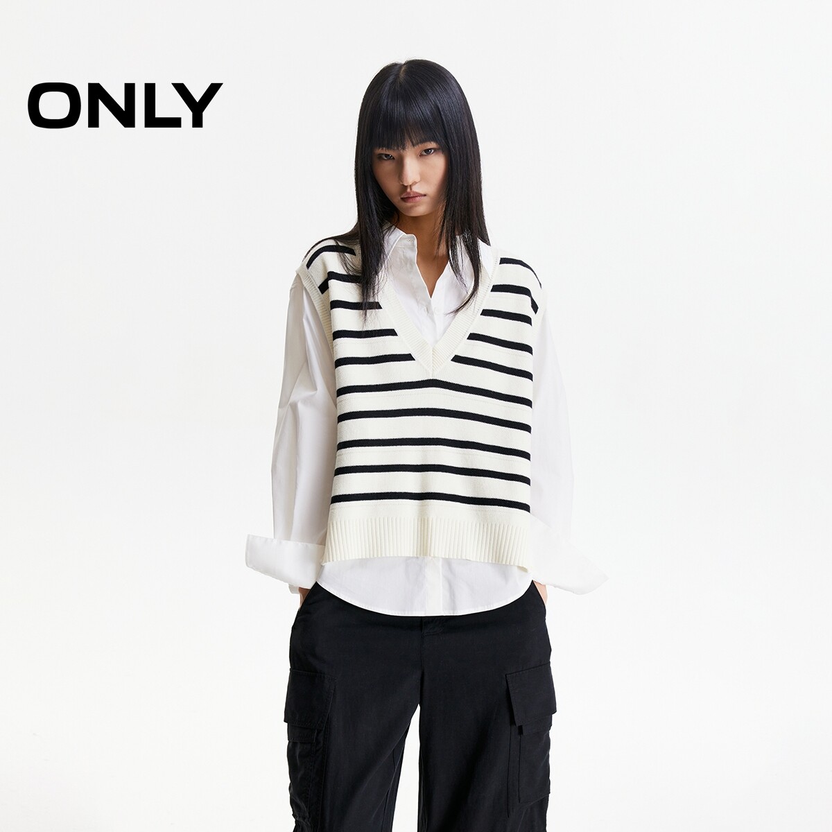 ONLY2025冬新款学院风衬衫拼接两件套设计针织衫女|1253K6002