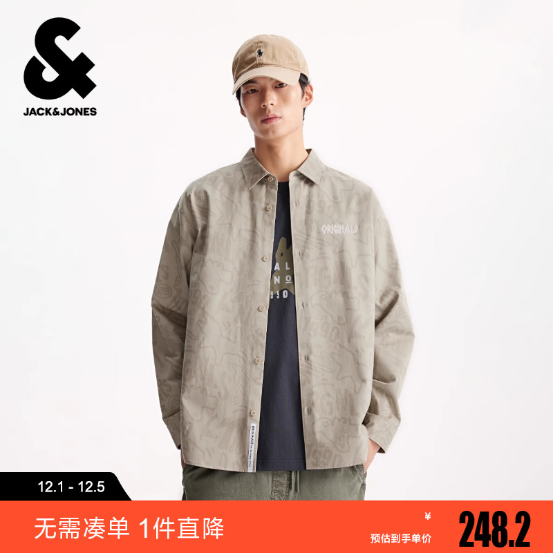 杰克琼斯男装士冬衬衫2025年新款刺绣舒适宽松纯棉长袖翻领衬衣