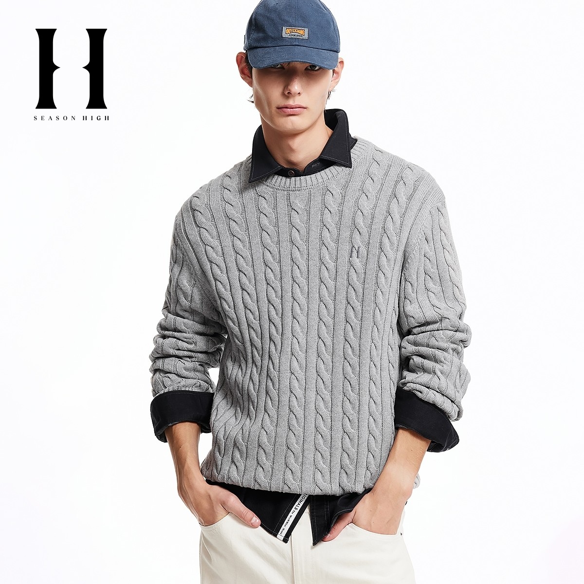 SEASON HIGH男装春季新款麻花立体针织圆领套头毛衣针织衫